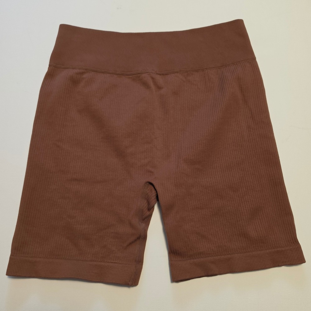Seamless Ribbed High Waisted Biker Shorts Brown Athleisure Size Medium - Picture 5 of 5